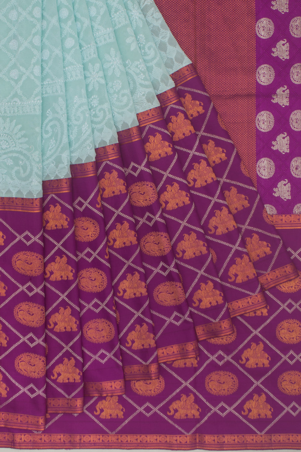 Lucknow Chikankari Georgette Embroidery Pastel Blue Saree With Attached Kanchi Border