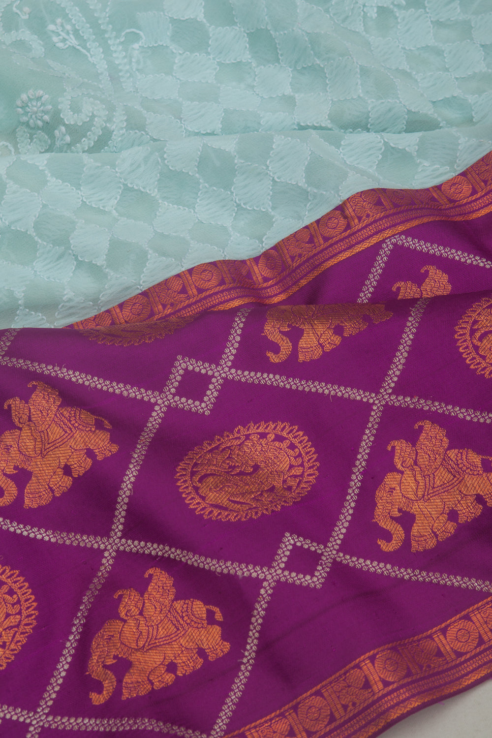 Lucknow Chikankari Georgette Embroidery Pastel Blue Saree With Attached Kanchi Border