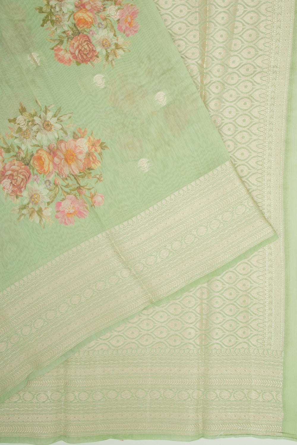 Chanderi Silk Floral Printed And Butta Green Saree