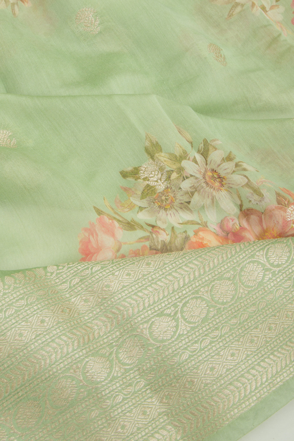 Chanderi Silk Floral Printed And Butta Green Saree