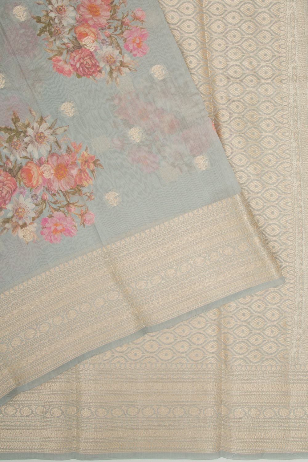 Chanderi Silk Floral Printed And Butta Grey Saree