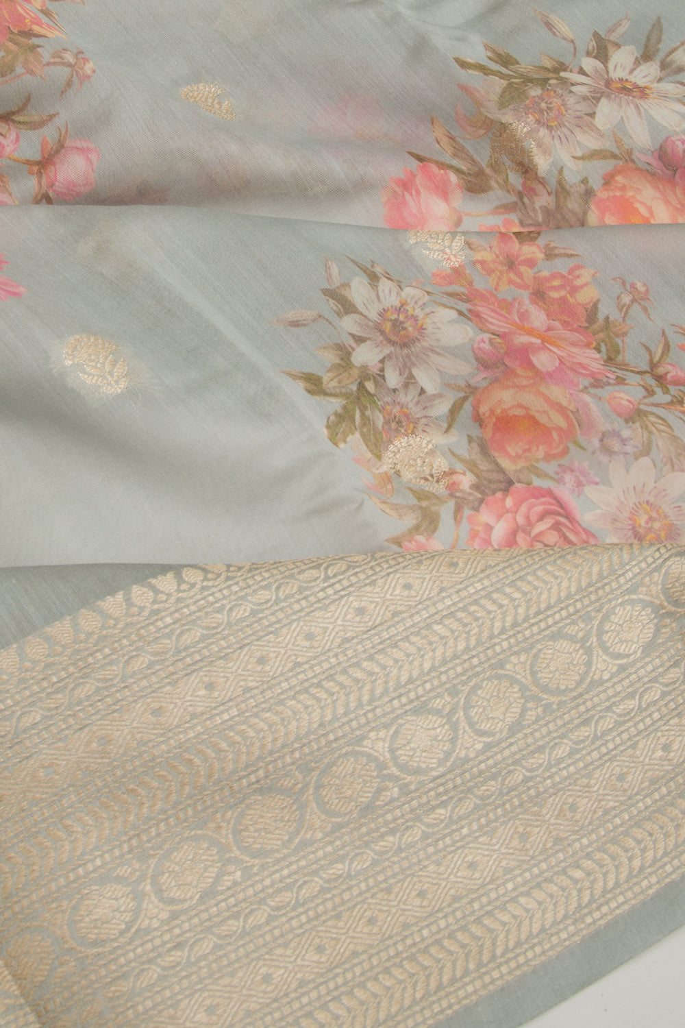 Chanderi Silk Floral Printed And Butta Grey Saree