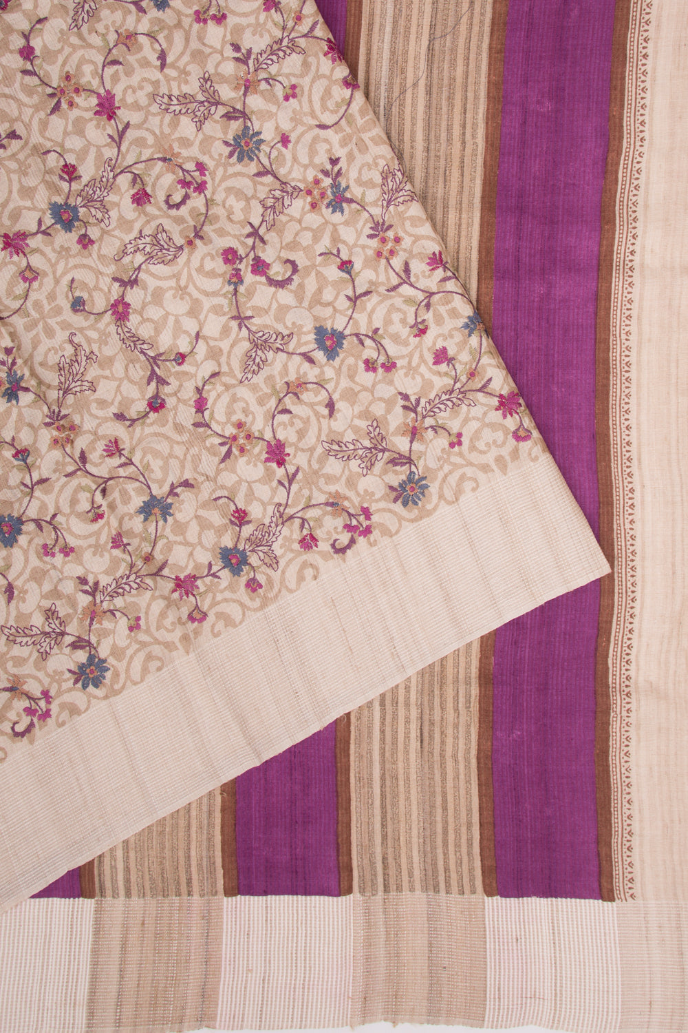 Bhagalpuri Tussar Floral Printed And Embroidery Beige Saree