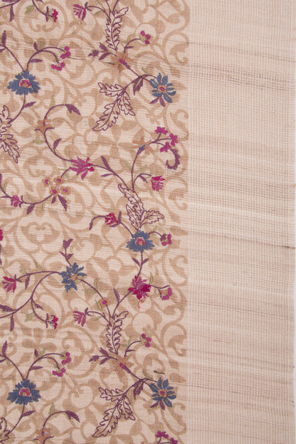 Bhagalpuri Tussar Floral Printed And Embroidery Beige Saree