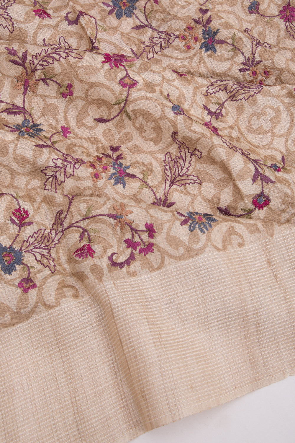 Bhagalpuri Tussar Floral Printed And Embroidery Beige Saree