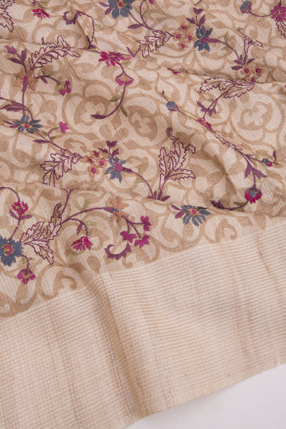 Bhagalpuri Tussar Floral Printed And Embroidery Beige Saree