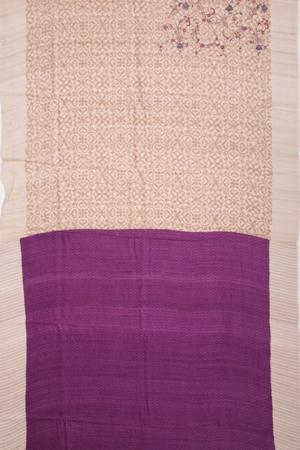 Bhagalpuri Tussar Floral Printed And Embroidery Beige Saree