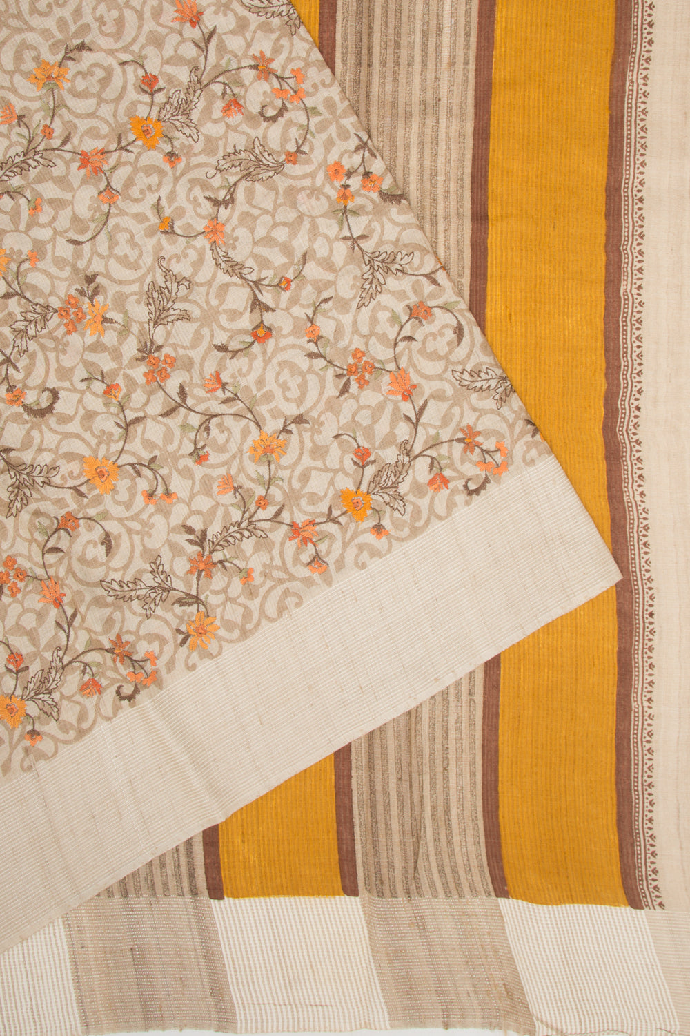 Bhagalpuri Tussar Floral Printed And Embroidery Beige Saree