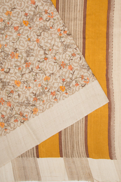 Bhagalpuri Tussar Floral Printed And Embroidery Beige Saree