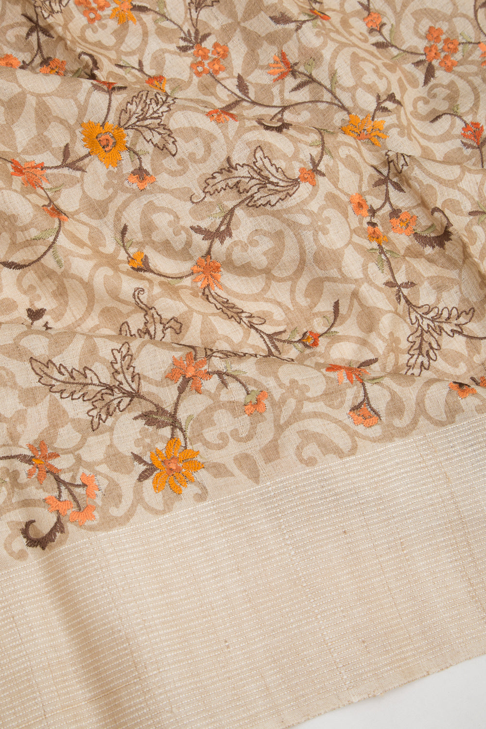 Bhagalpuri Tussar Floral Printed And Embroidery Beige Saree
