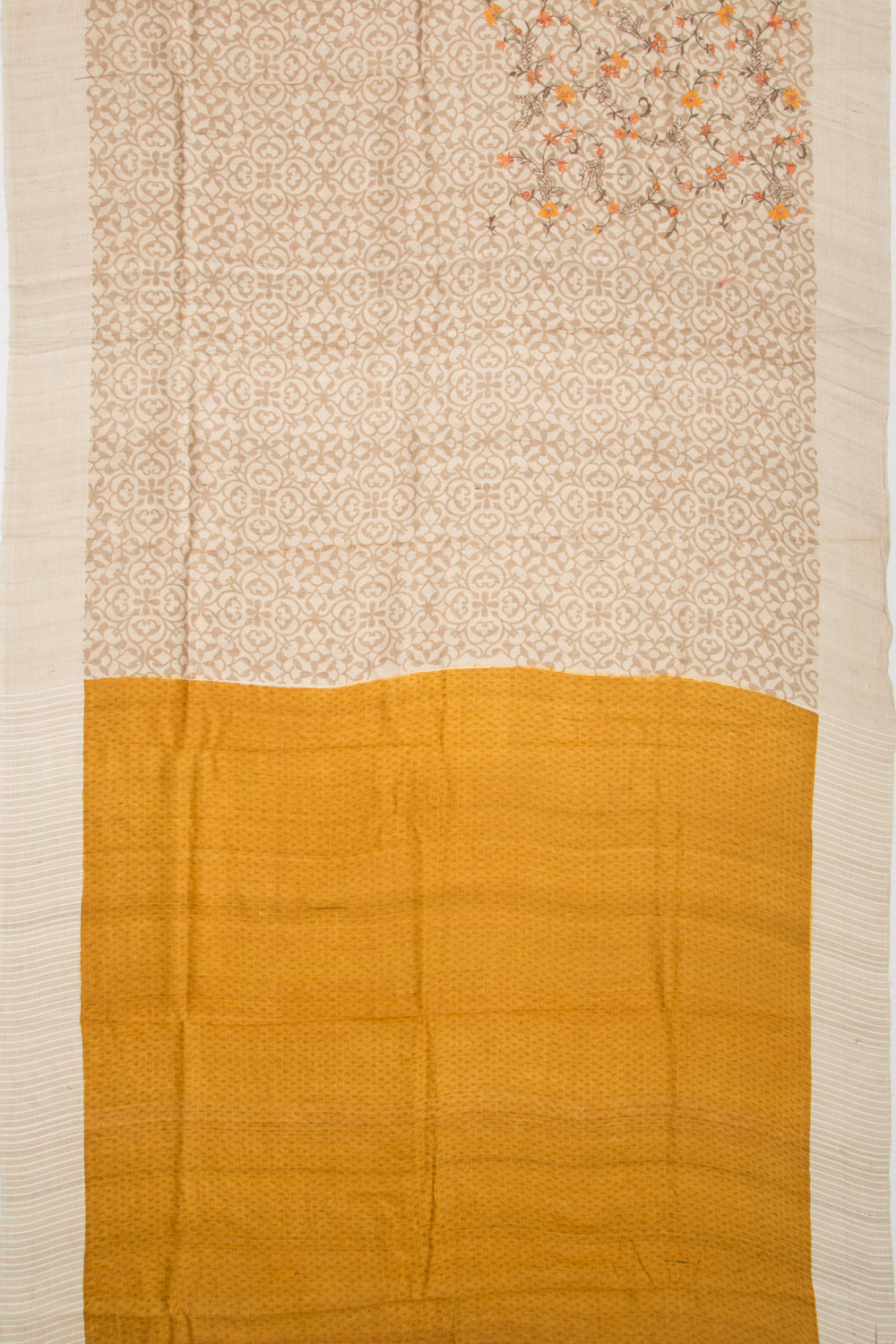 Bhagalpuri Tussar Floral Printed And Embroidery Beige Saree