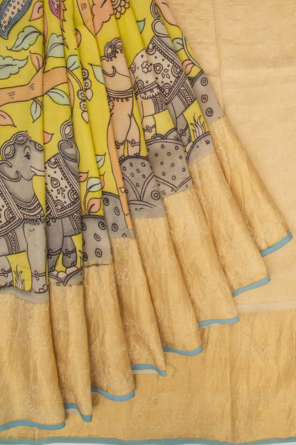 Kanchipuram Silk Kalamkari Yellow Saree
