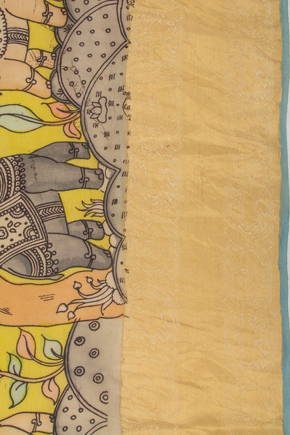 Kanchipuram Silk Kalamkari Yellow Saree
