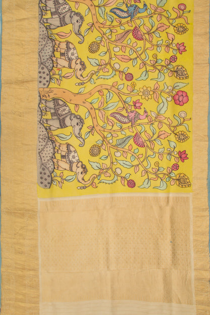 Kanchipuram Silk Kalamkari Yellow Saree