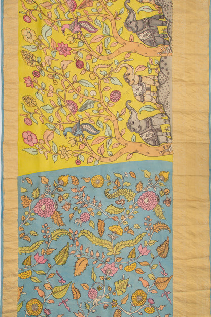 Kanchipuram Silk Kalamkari Yellow Saree