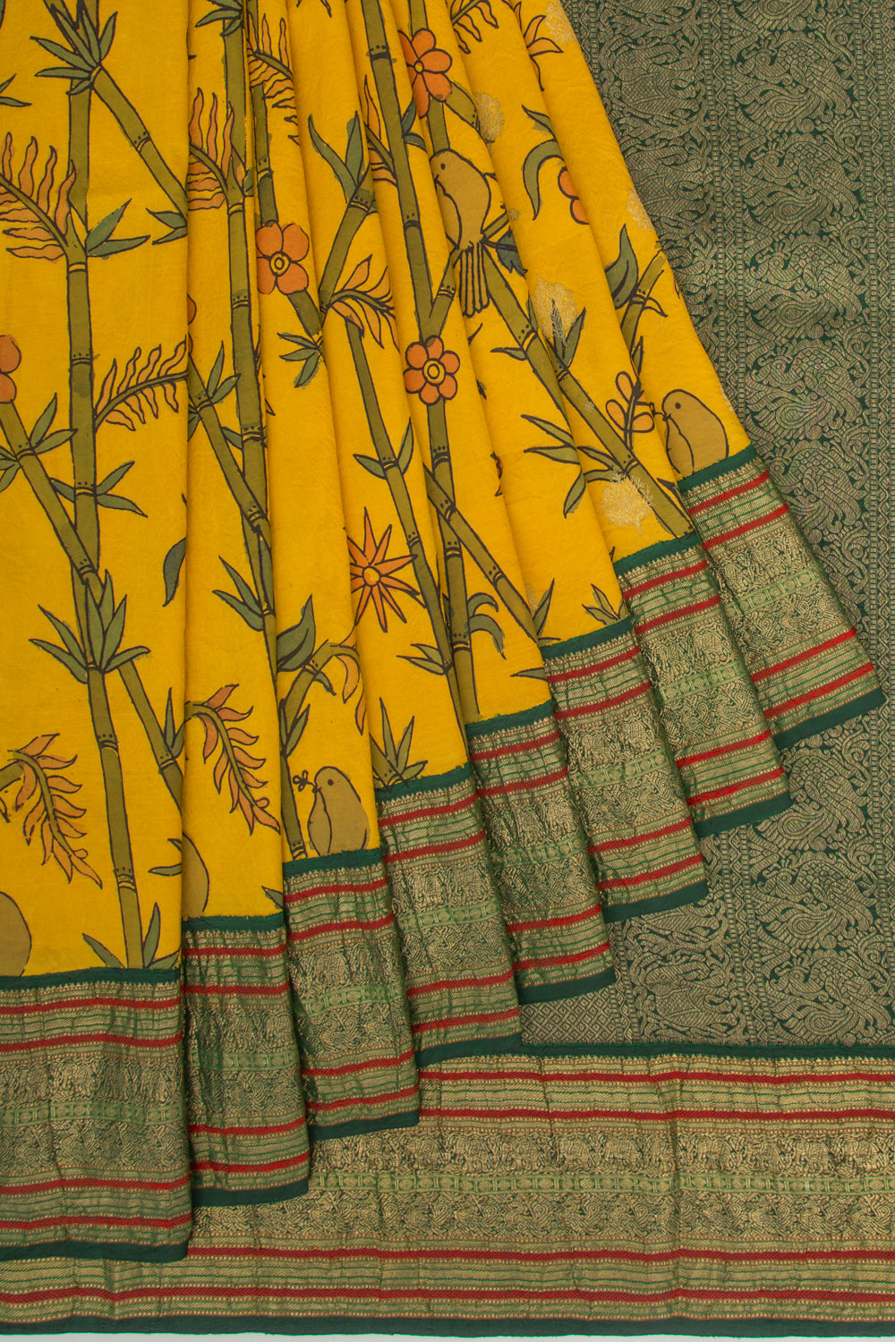 Kanchipuram Silk Kalamkari And Butta Yellow Saree