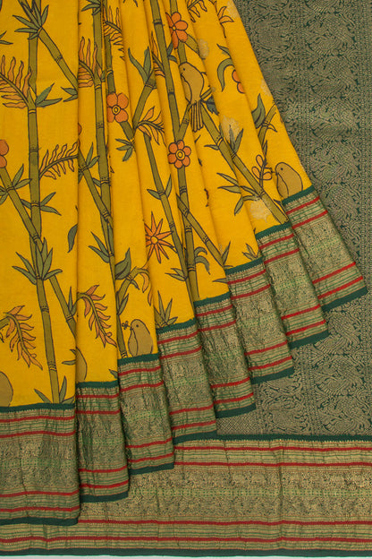 Kanchipuram Silk Kalamkari And Butta Yellow Saree