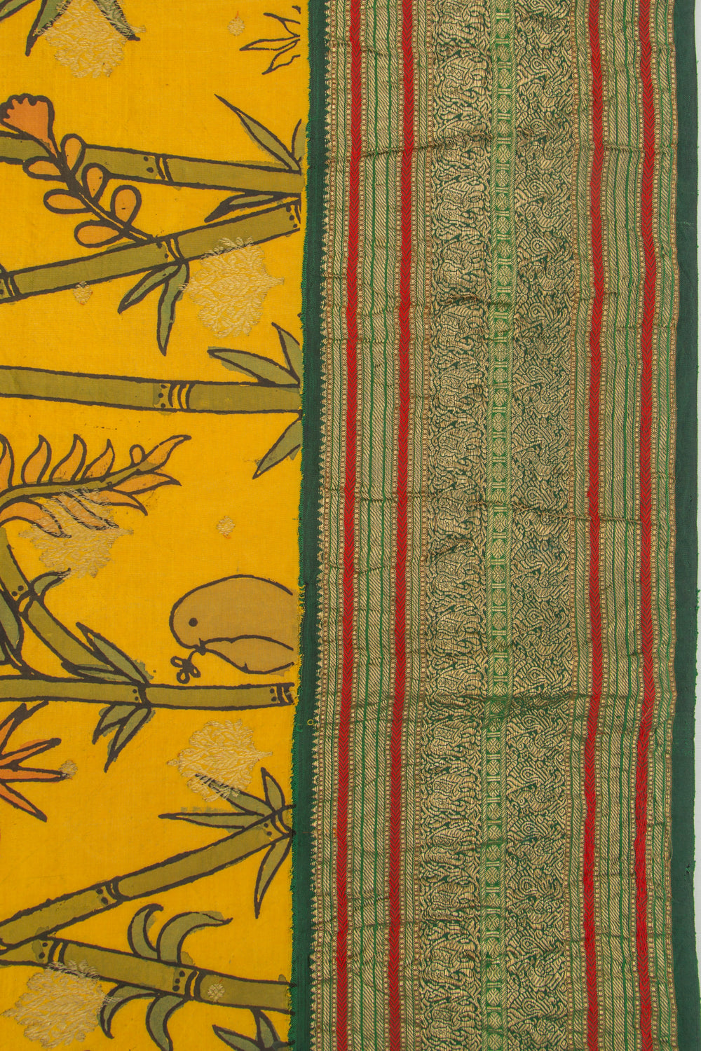 Kanchipuram Silk Kalamkari And Butta Yellow Saree