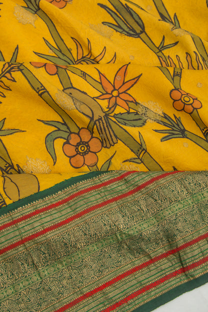 Kanchipuram Silk Kalamkari And Butta Yellow Saree