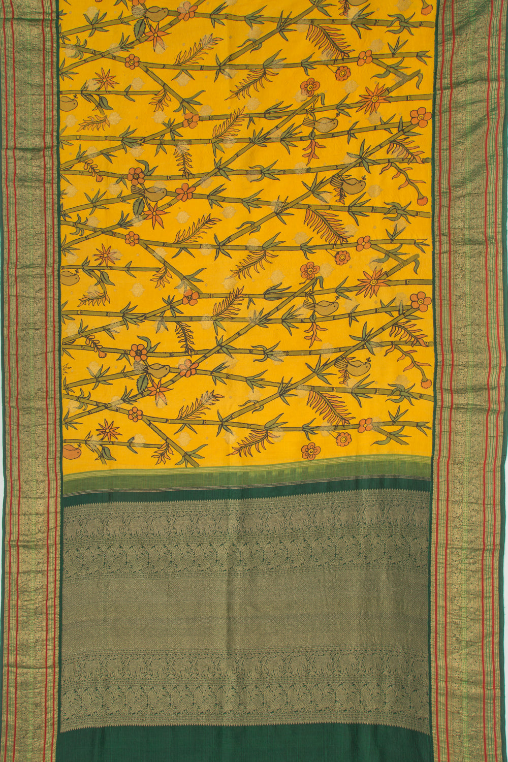 Kanchipuram Silk Kalamkari And Butta Yellow Saree