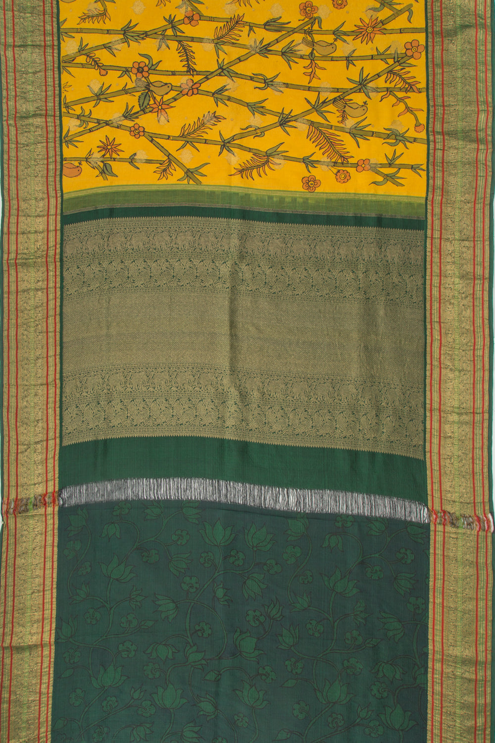 Kanchipuram Silk Kalamkari And Butta Yellow Saree