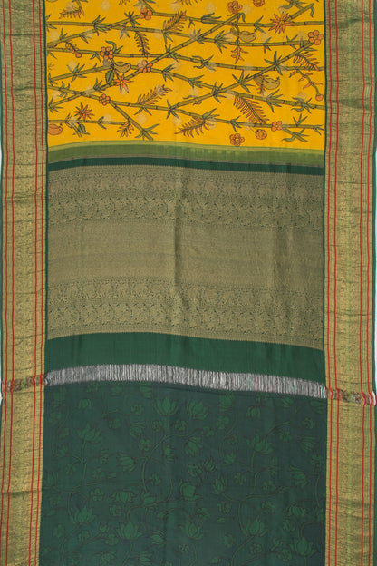 Kanchipuram Silk Kalamkari And Butta Yellow Saree