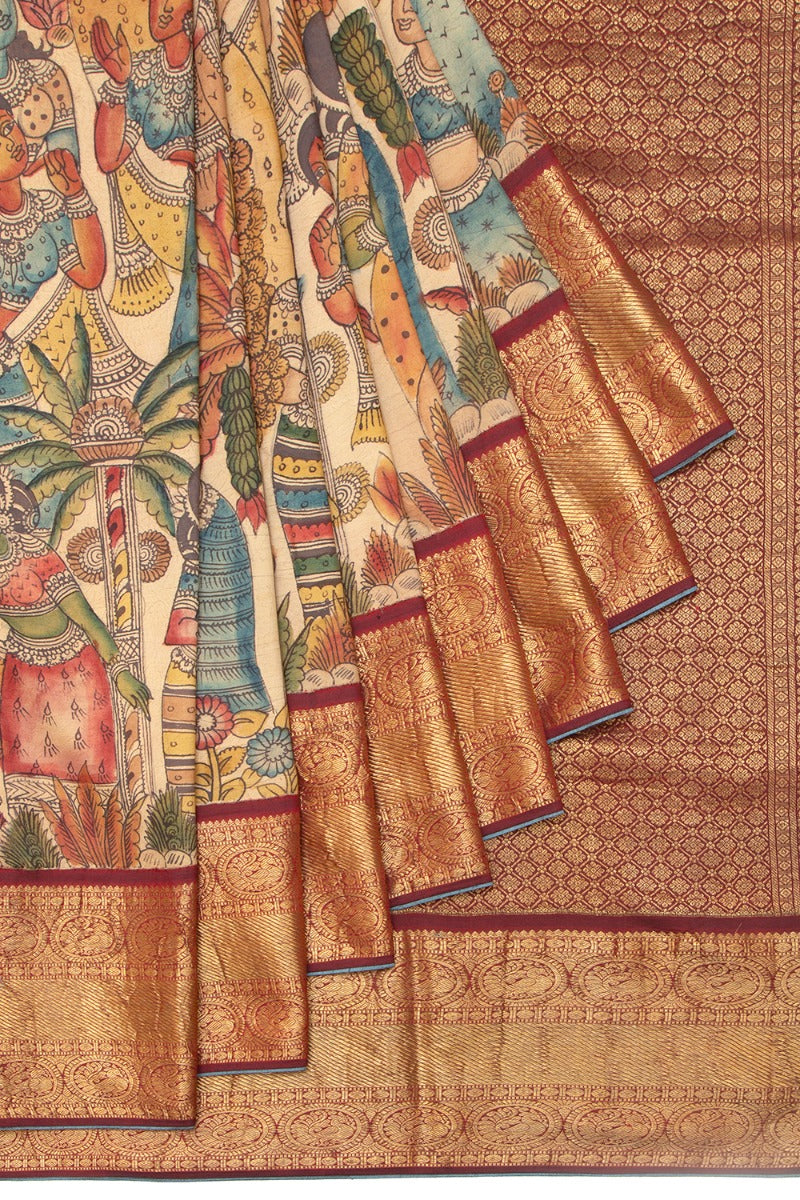 Kanchipuram Silk Kalamkari Cream Saree