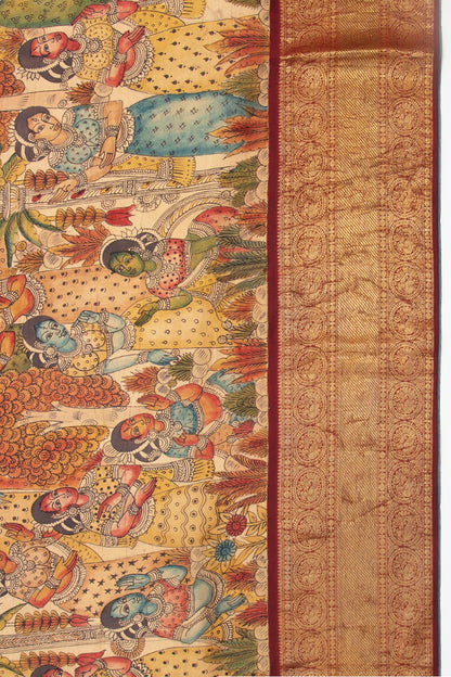 Kanchipuram Silk Kalamkari Cream Saree