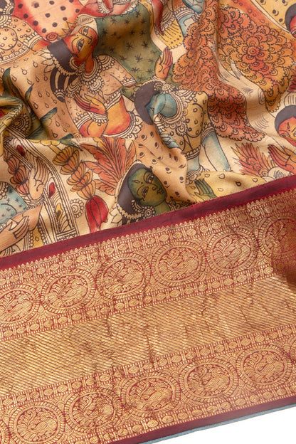 Kanchipuram Silk Kalamkari Cream Saree