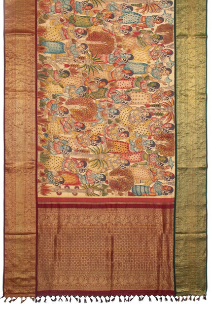 Kanchipuram Silk Kalamkari Cream Saree