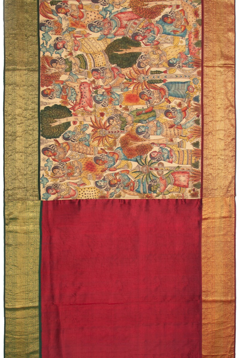 Kanchipuram Silk Kalamkari Cream Saree