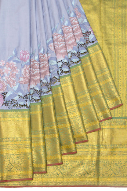 Kanchipuram Silk Plain Grey Saree Embroidery With Cut Work Border
