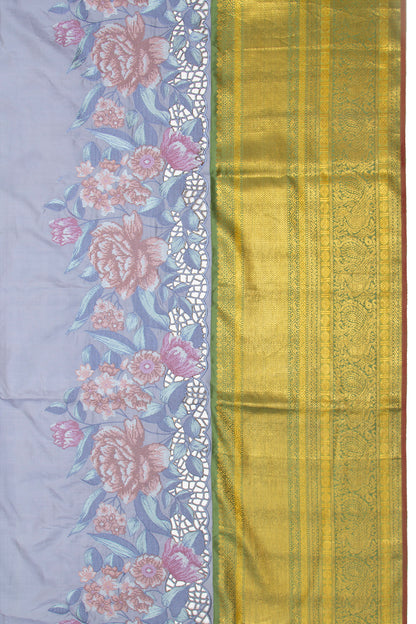 Kanchipuram Silk Plain Grey Saree Embroidery With Cut Work Border