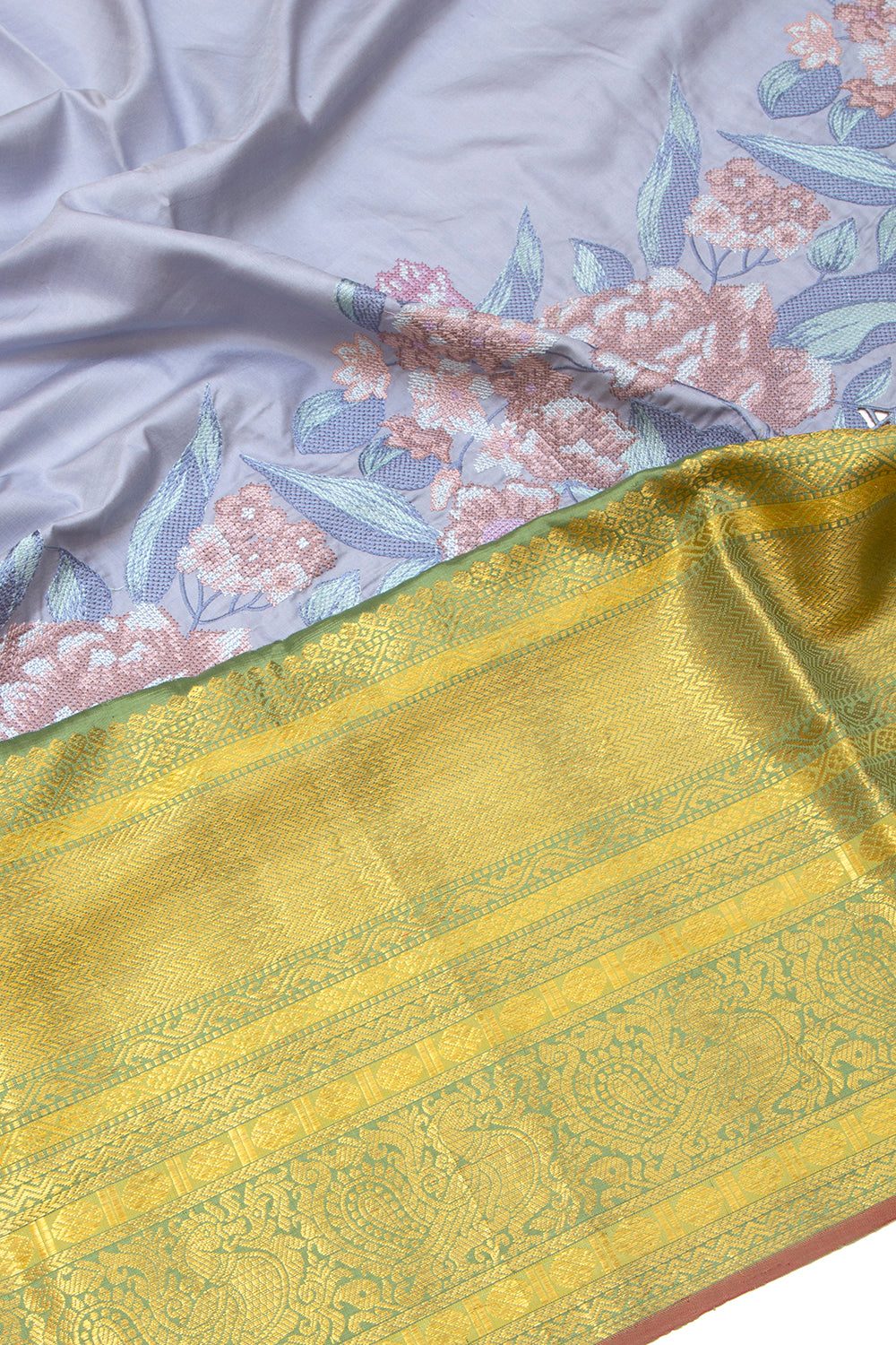 Kanchipuram Silk Plain Grey Saree Embroidery With Cut Work Border