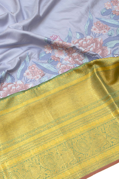 Kanchipuram Silk Plain Grey Saree Embroidery With Cut Work Border