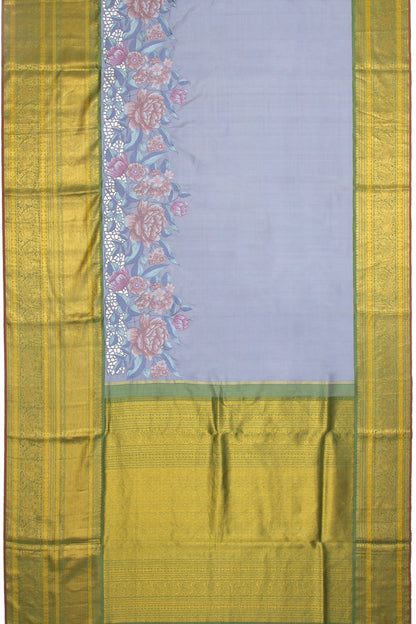 Kanchipuram Silk Plain Grey Saree Embroidery With Cut Work Border