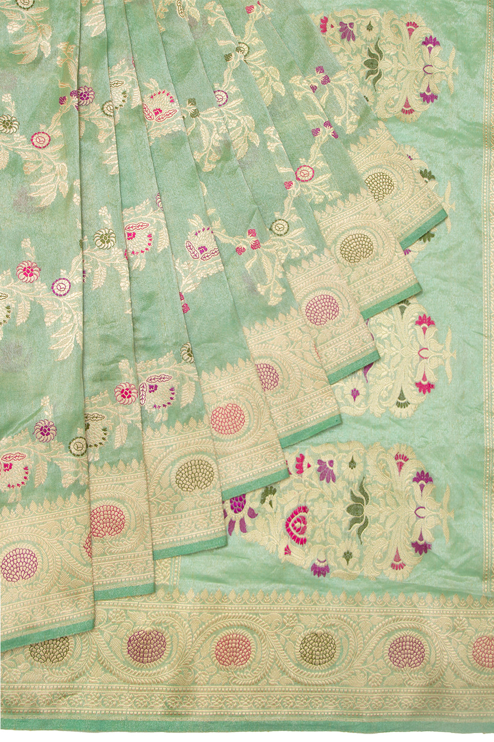 Banarasi Silk Tissue Jaal Pastel Green Saree With Meenakari