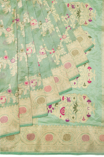Banarasi Silk Tissue Jaal Pastel Green Saree With Meenakari