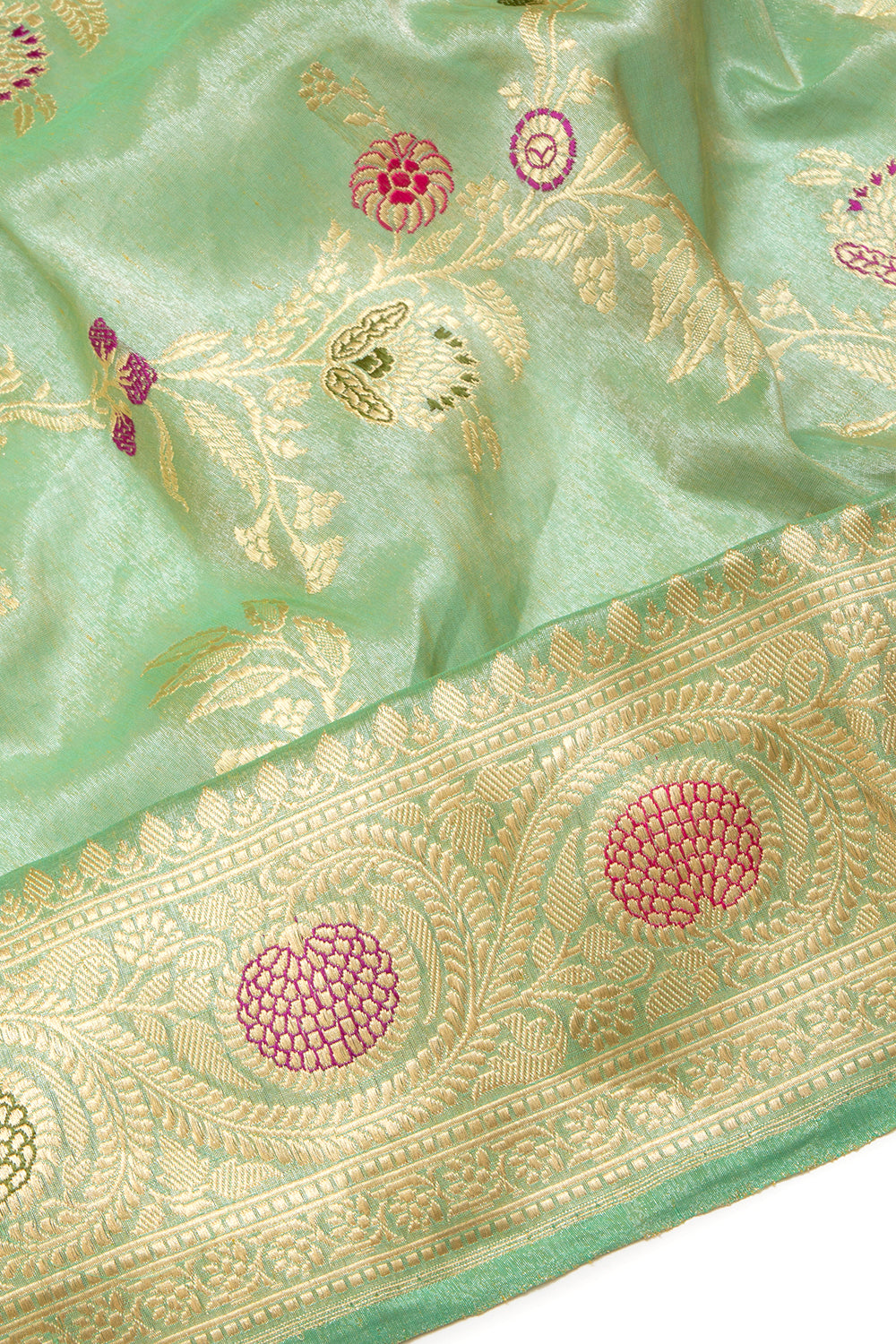 Banarasi Silk Tissue Jaal Pastel Green Saree With Meenakari