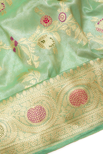Banarasi Silk Tissue Jaal Pastel Green Saree With Meenakari