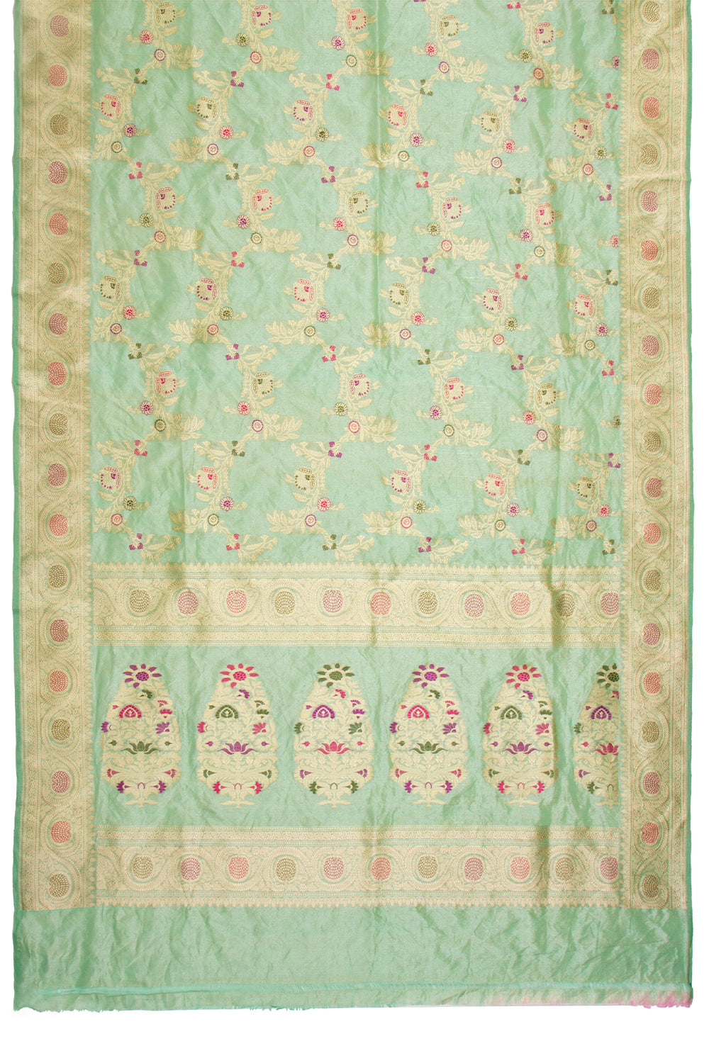 Banarasi Silk Tissue Jaal Pastel Green Saree With Meenakari