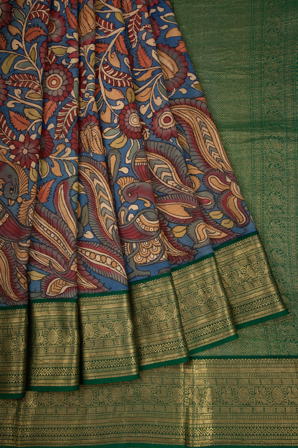 Kanchipuram Silk Kalamkari Blue Saree