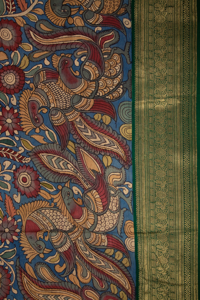 Kanchipuram Silk Kalamkari Blue Saree