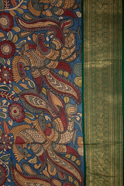 Kanchipuram Silk Kalamkari Blue Saree