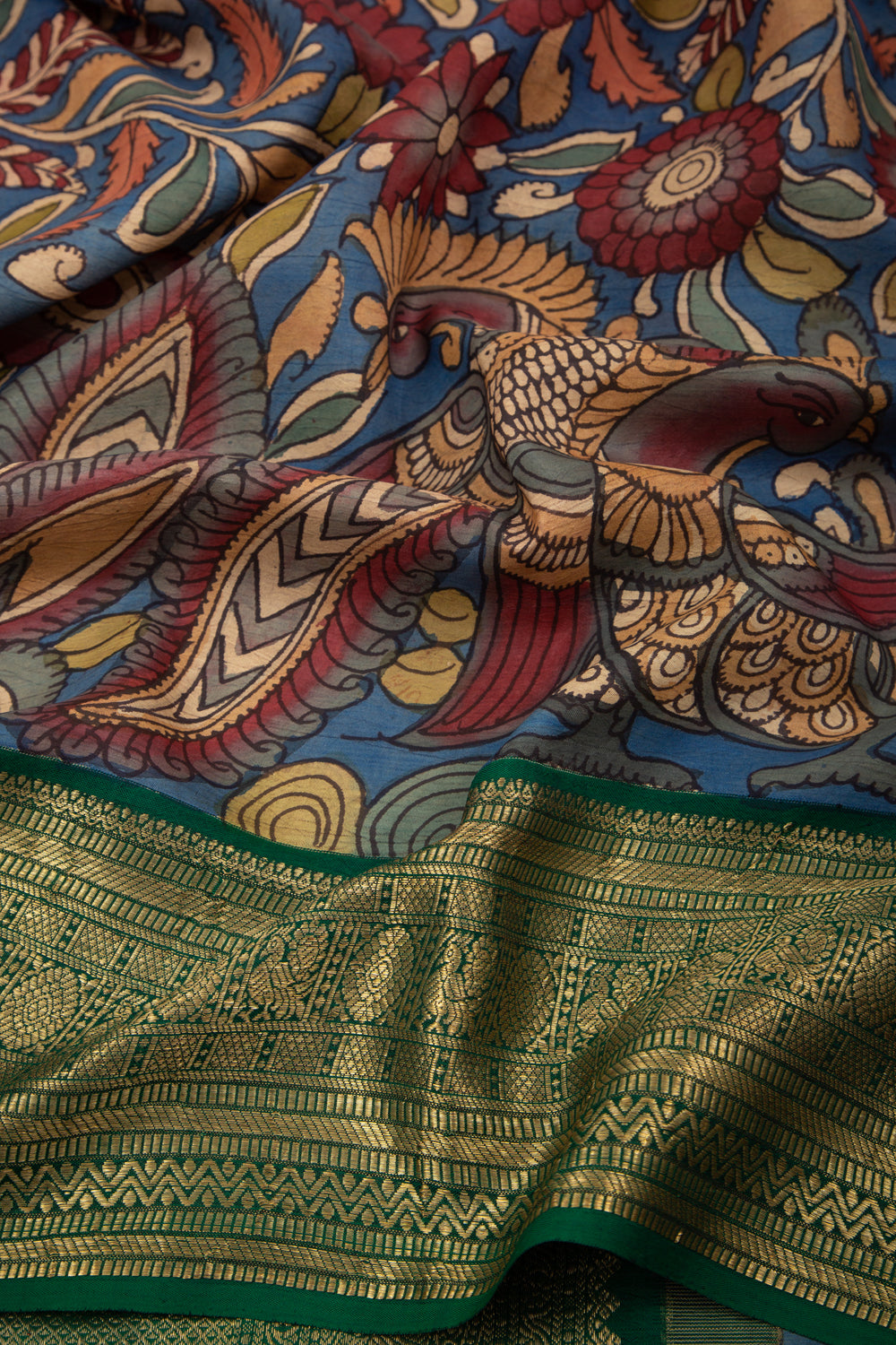 Kanchipuram Silk Kalamkari Blue Saree