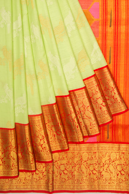 Kanchipuram Linen Leheriya Pista Green Saree