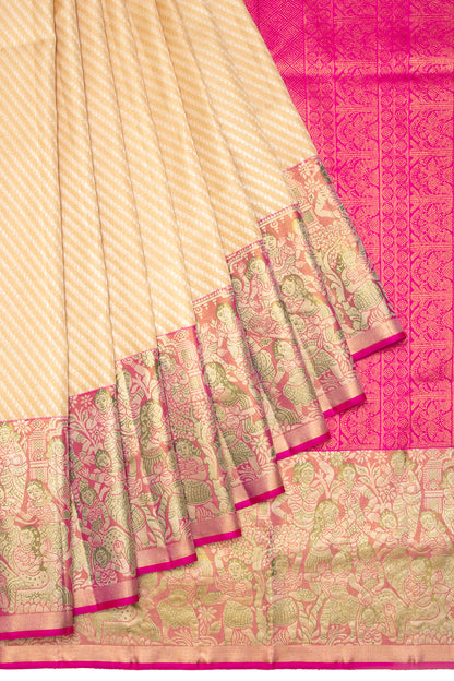 Kanchipuram Silk Leheriya Cream Saree