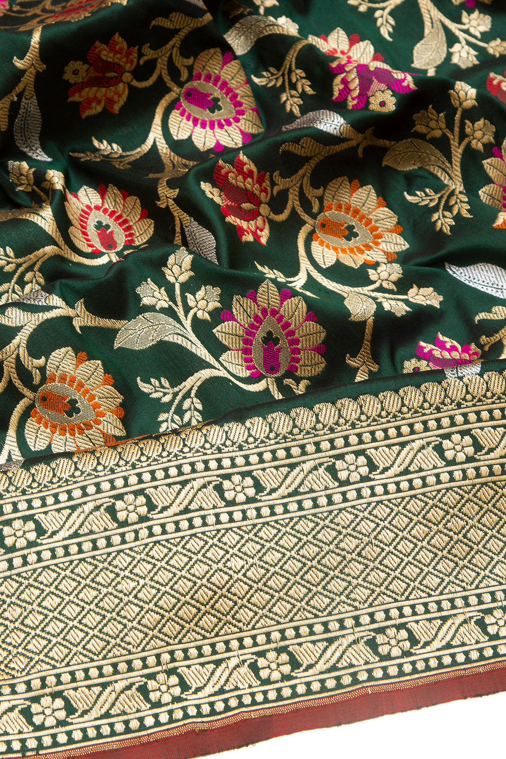 Banarasi Silk Kadwa Jaal Bottle Green Saree With Meenakari