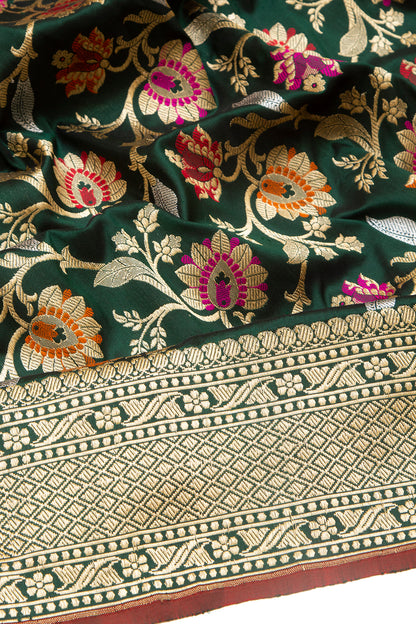 Banarasi Silk Kadwa Jaal Bottle Green Saree With Meenakari