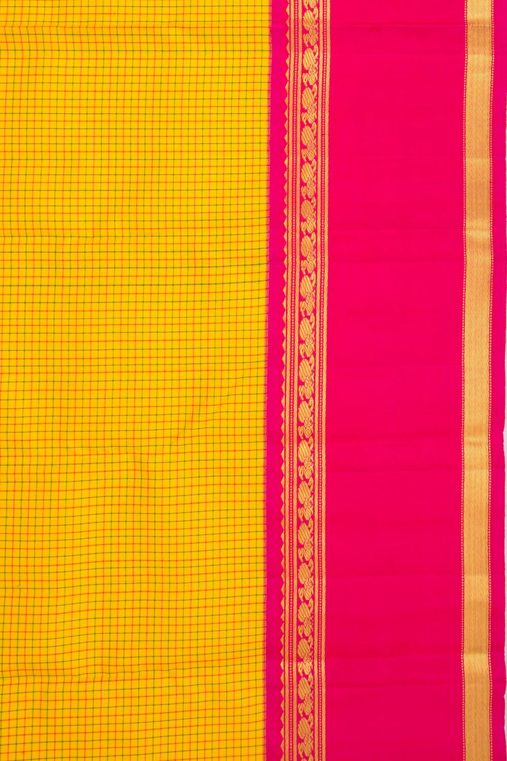 Kanchipuram Silk Checks Yellow Saree With Ganga Jamuna Border